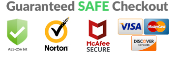 Secure Checkout Trust Icons: Norton, McAfee. Visa / Mastercard / Discover accepted